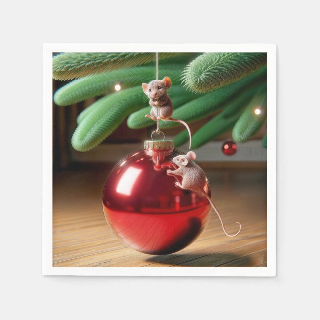 Mischievous Mice On a Christmas Ornament Napkin (Front)