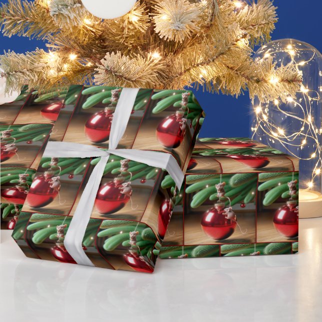 Mischievous Mice On a Christmas Ornament Wrapping Paper (Holidays)