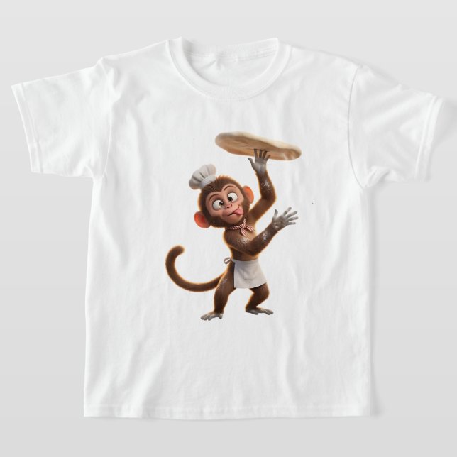 Mischievous Monkey Chef Tossing Pizza Dough 3D Ren T-Shirt (Laydown)