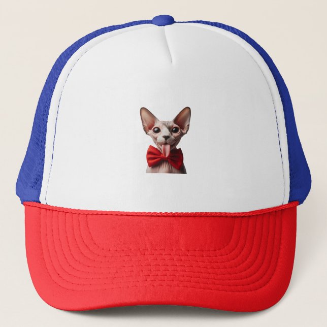 Mischievous Sphynx Cat Tongue Out with Red Bow Tie Trucker Hat (Front)
