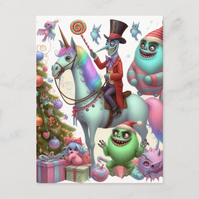 Misfit Christmas Unicorn and Creatures Postcard (Front)