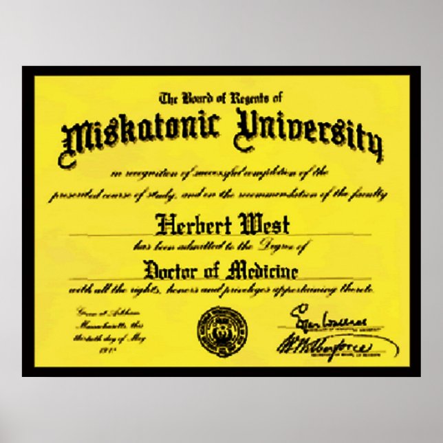 Miskatonic University Diploma Herbert West Poster (Front)