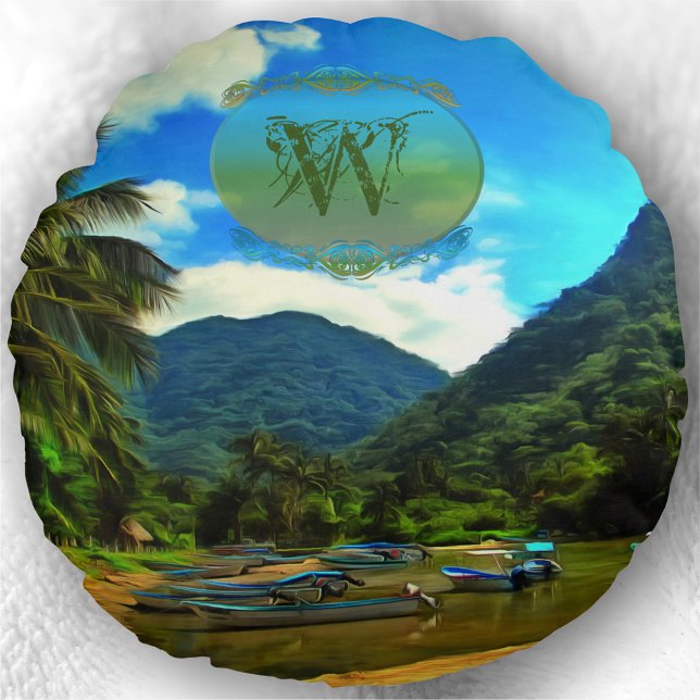 Mismaloya River Fishing Boats 0344 Round Cushion (Creator Uploaded)