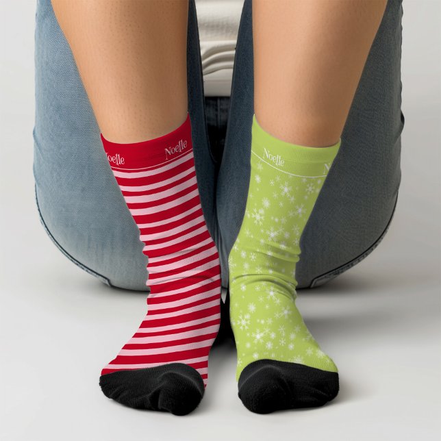 Mismatched Pink Red Stripe Green Snowflake Holiday Socks (Creator Uploaded)