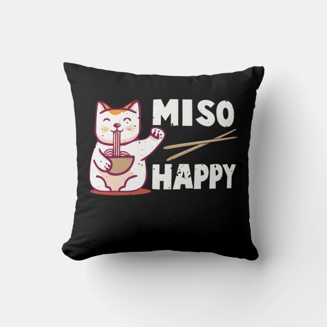Miso Happy Japanese Cat Lover Ramen Pun Cushion (Front)