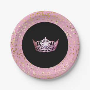 Miss America Crown Paper Plates-Golden Stars PInk Plate