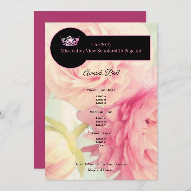 Miss America Crown Peonies Awards Ball Program Invitation (Front/Back)