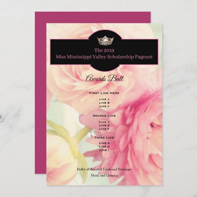 Miss America Crown Peonies Awards Ball Program Invitation (Front/Back)