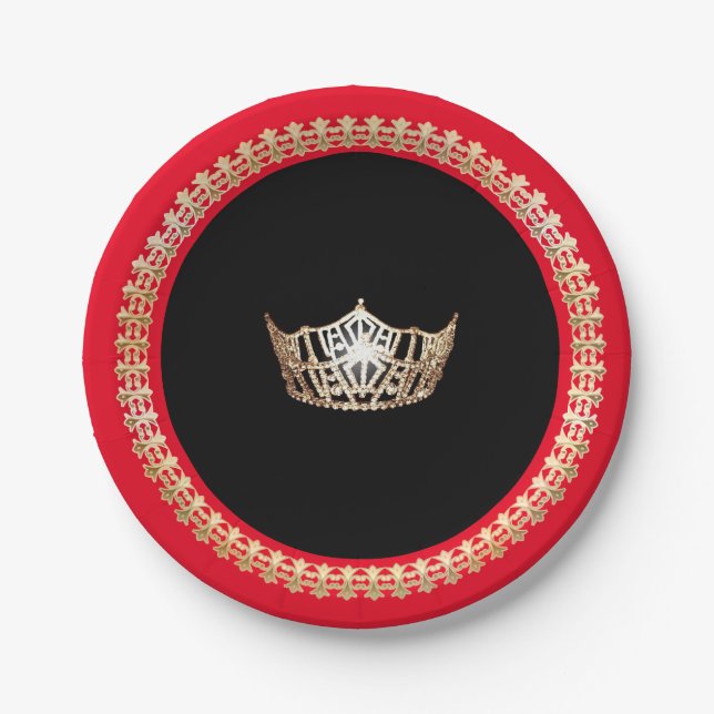 Miss America Gold Crown 7" Red Paper Plates (Front)