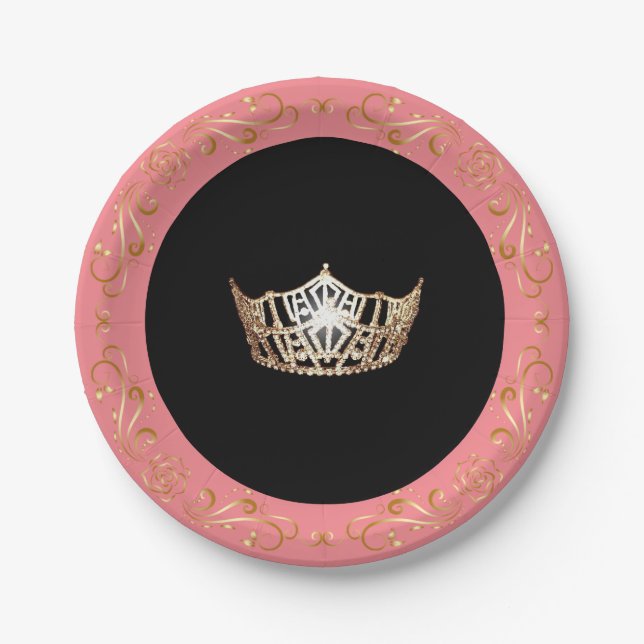 Miss America Pink-Coral Gold Crown 7" Paper Plates (Front)