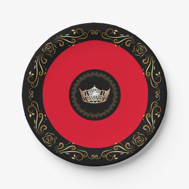 Miss America Red Gold Crown 7" Paper Plates (Front)