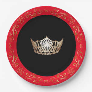 Miss America Red Gold Crown 9" Paper Plates