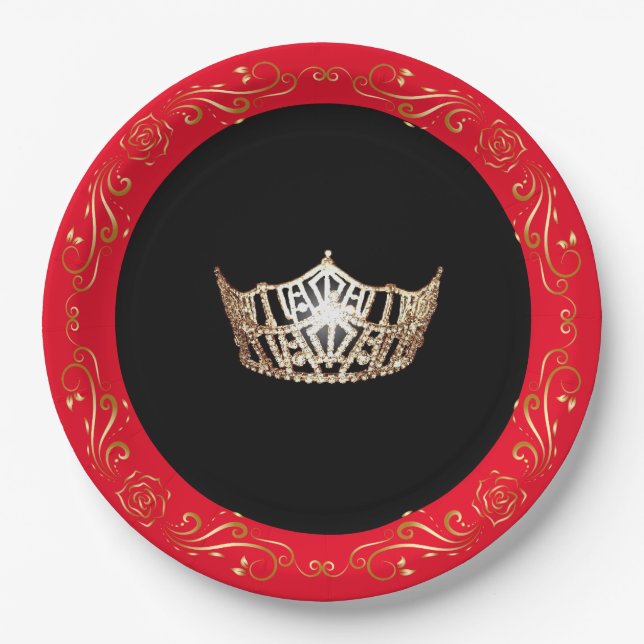 Miss America Red Gold Crown 9" Paper Plates (Front)