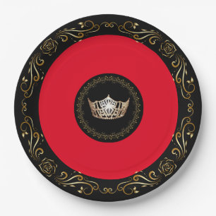 Miss America Red Gold Crown 9" Paper Plates