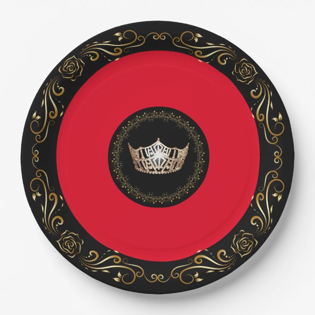 Miss America Red Gold Crown 9" Paper Plates (Front)