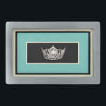 Miss America style Belt Buckle<br><div class="desc">Belt buckle shown in a brushed silver tone colour for men and women. Has an image of a gleaming silver crown print in centre over black background with ivory,  black and aqua rectangle borders. 
Customise this item or buy as shown.</div>