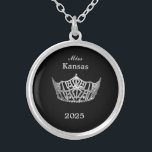 Miss America style Crown  Silver Plated Necklace<br><div class="desc">Silver plated and in a round shape with a black colour background, this lovely necklace has in the centre of it an image of a gleaming Miss America style crown in silver. Image on front only. Text of pageant name and date. Perfect for past royalty and hostesses too! Medium size...</div>