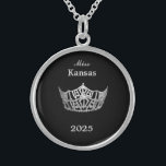 Miss America style Crown  Sterling Silver Necklace<br><div class="desc">Sterling Silver and in a round shape with a black colour background, this lovely necklace has in the centre of it an image of a gleaming Miss America style crown in silver. Image on front only. Text of pageant name and date. Perfect for past royalty and hostesses too! Medium size...</div>