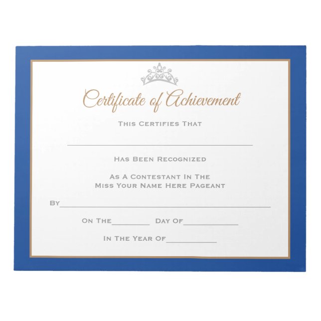 Miss America style Pageant Certificates-Achievmnt Notepad (Front)