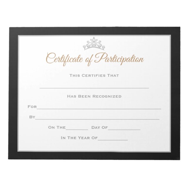 Miss America style Pageant Certificates-Particptn Notepad (Front)