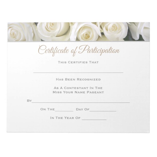 Miss America style Pageant Certificates-particptn Notepad (Front)