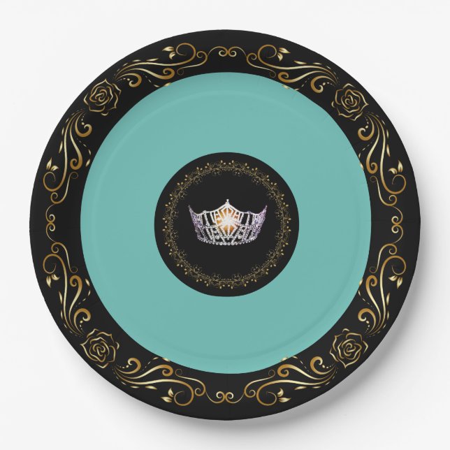 Miss America Turquoise SLVR Crown 9" Paper Plates (Front)