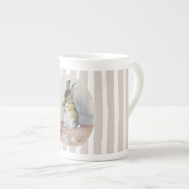 Miss Bunny Drinking Tea on Stripes Bone China Mug (Front Right)