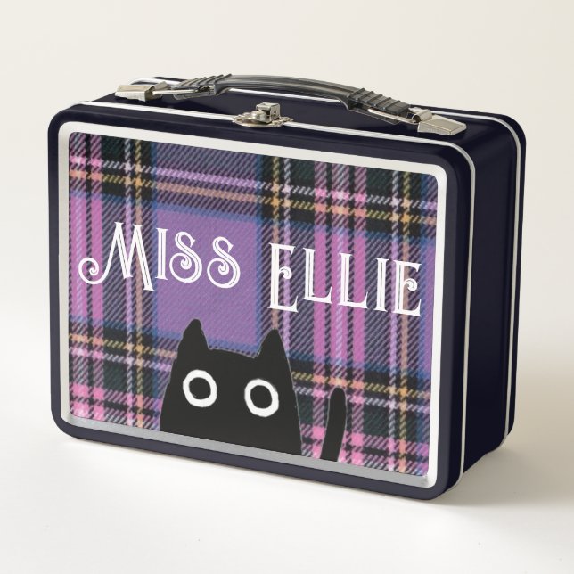 Miss Ellie and Cat Purple Plaid/Black Lunchbox (Front)