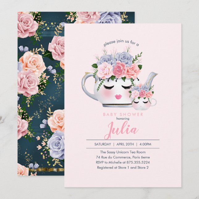 Miss Eyelashes Teapot Mum Baby Floral Baby Shower Invitation (Front/Back)
