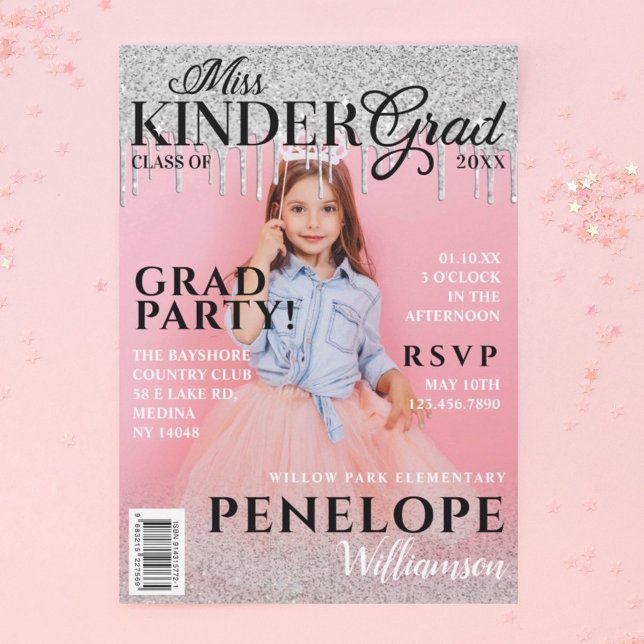 Miss Kinder Grad Glitter Drip Photo Magazine Cover Invitation (Creator Uploaded)