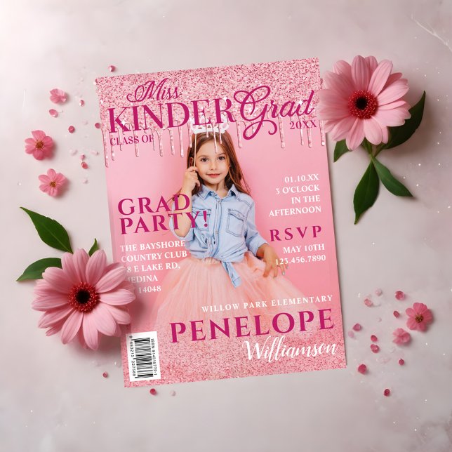 Miss Kinder Grad Pink Glitter Drip Magazine Cover  Invitation (Miss Kinder Grad Pink Glitter Drip Magazine Cover Invitation)