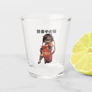 Miss Meow: Japanese Reading Cat Vintage Art Shot Glass