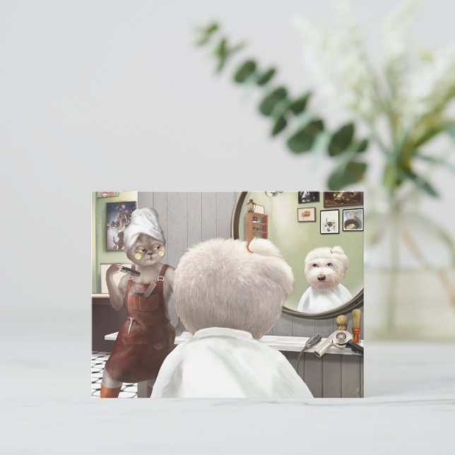 Miss Meow & Smile Pup: Barber Shop Breeze Art Announcement Postcard (Standing Front)