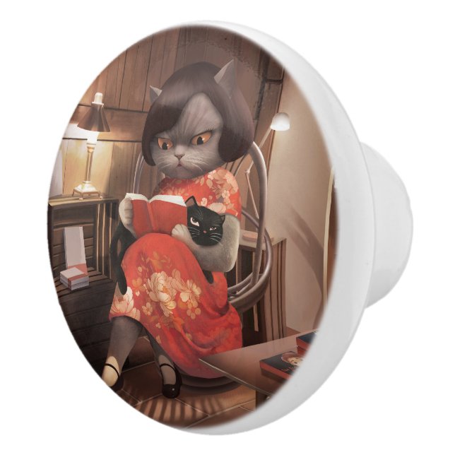 Miss Meow – Vintage Cat Reading Time Ceramic Knob (Right)