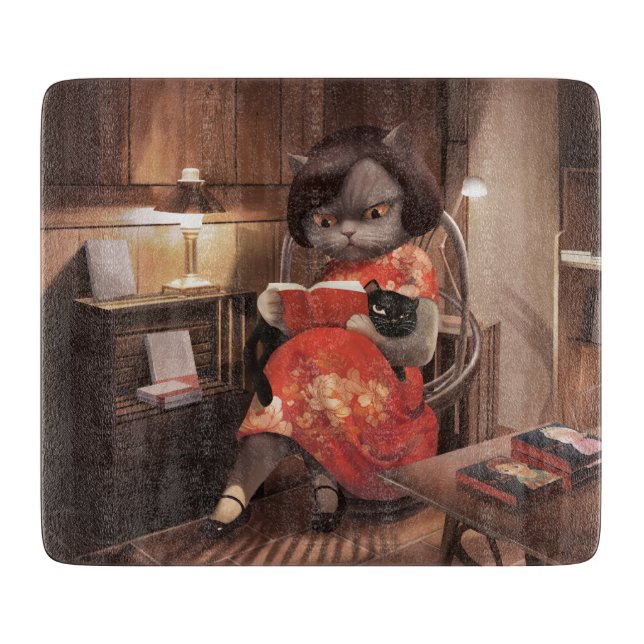 Miss Meow – Vintage Cat Reading Time Cutting Board (Front)