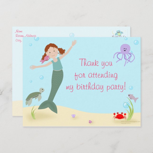 Miss Mermaid Party Thank You Postcard (Front/Back)