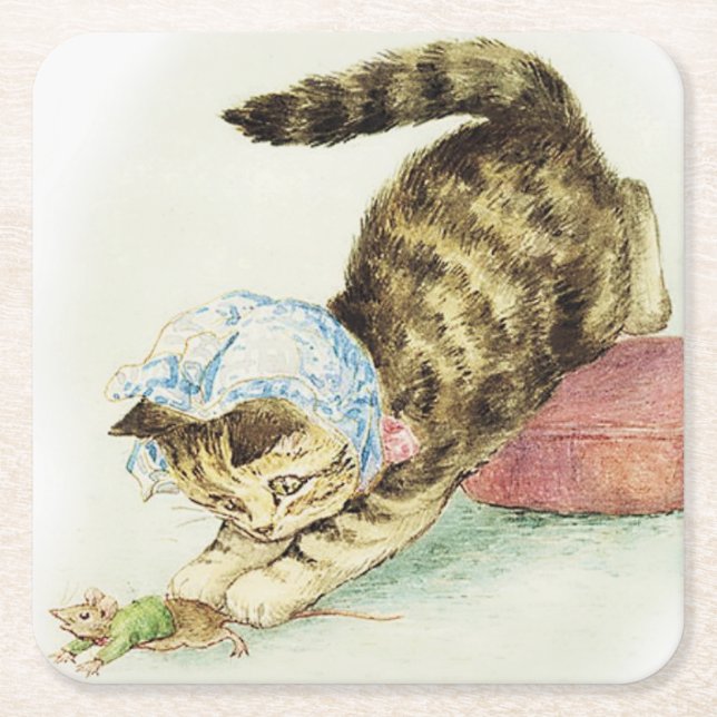 “Miss Moppet Chases a Mouse” by Beatrix Potter Square Paper Coaster (Front)