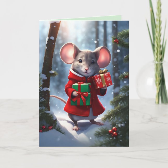 Miss Mousie Carrying Gifts Holiday Card (Front)