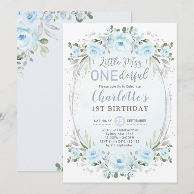 Miss ONEderful Baby Blue Gold Floral 1st Birthday Invitation (Front/Back)