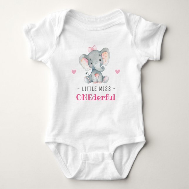 Miss Onederful First 1st Birthday Girl Elephant Baby Bodysuit (Front)