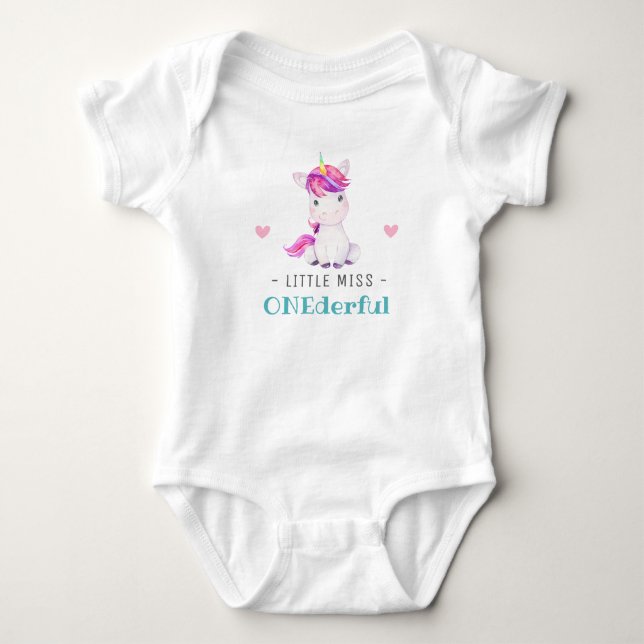 Miss Onederful First 1st Birthday Girl Unicorn Baby Bodysuit (Front)