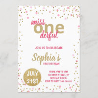 Miss Onederful Girl First Birthday Pink Confetti