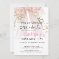 Miss Onederful Girl Pink Bow Floral 1st Birthday