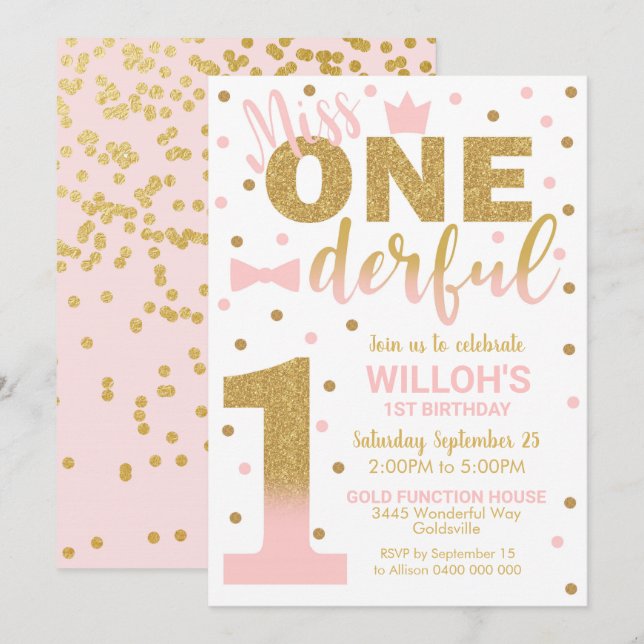 Miss Onederful Invitation 1st Birthday Girl (Front/Back)