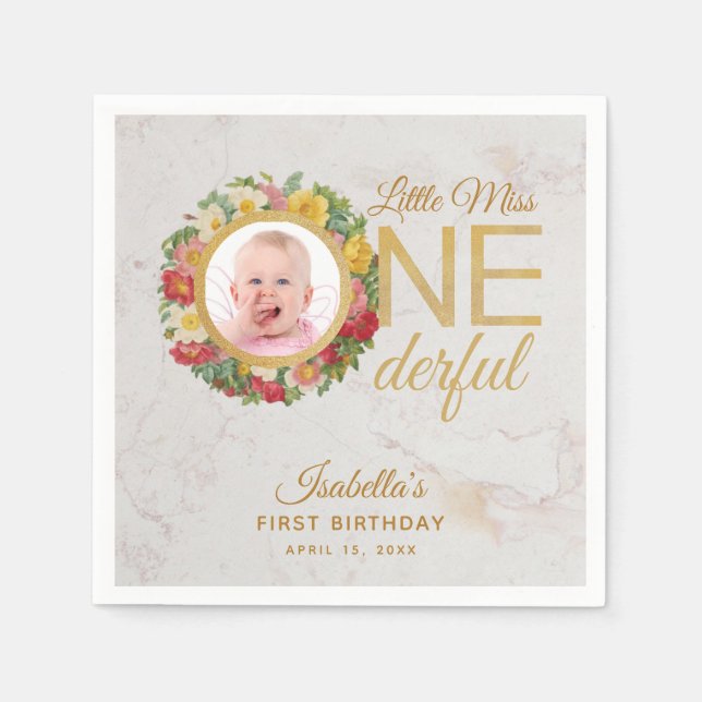 Miss Onederful Photo Floral Wreath First Birthday Napkin (Front)