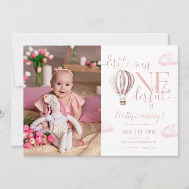 Miss Onederful Pink Air Balloon Photo 1st Birthday Invitation (Front)