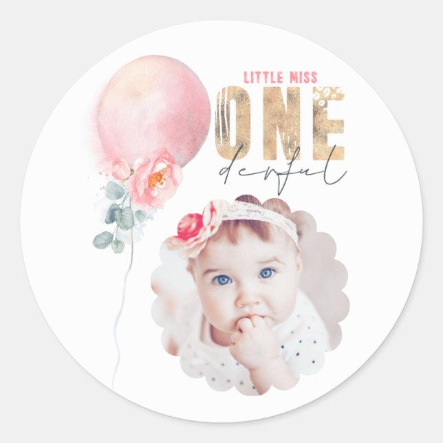 Miss Onederful Pink Balloon 1st Birthday Photo Classic Round Sticker (Front)
