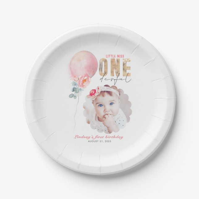 Miss Onederful Pink Balloon 1st Birthday Photo Paper Plate (Front)