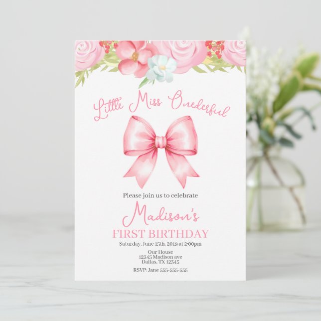 Miss Onederful Pink Bow First Birthday Invitation (Standing Front)