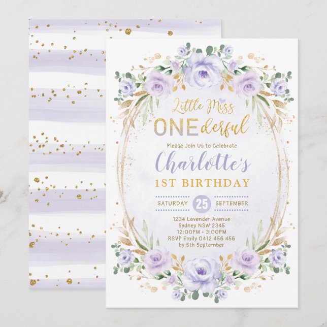 Miss ONEderful Purple Gold Floral 1st Birthday Invitation (Front/Back)